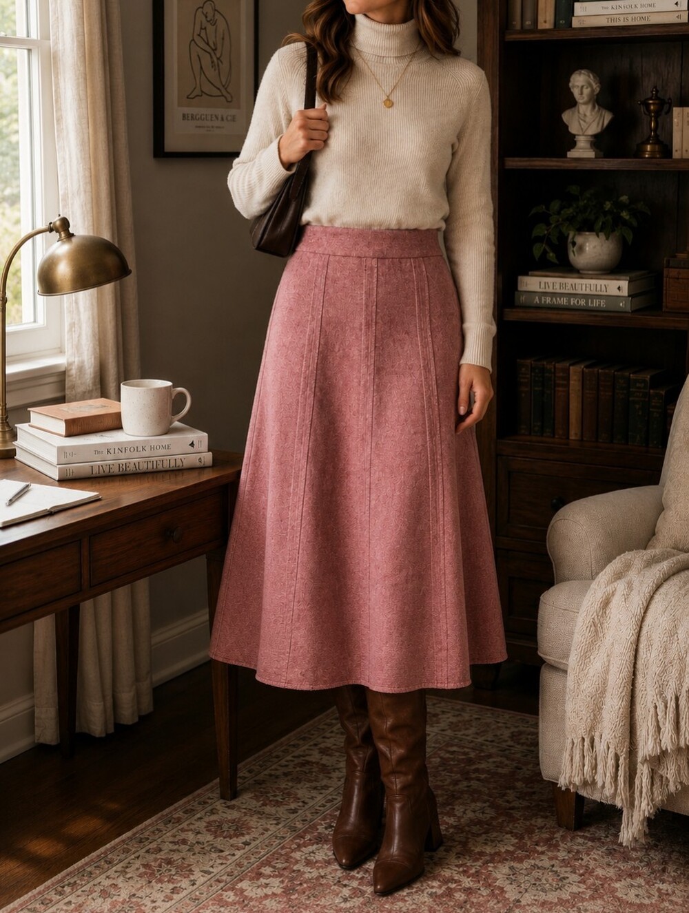 Merona Women's Sz 12 Pink Wool Blend A-Line Midi Skirt Lined Y2K Academia Career